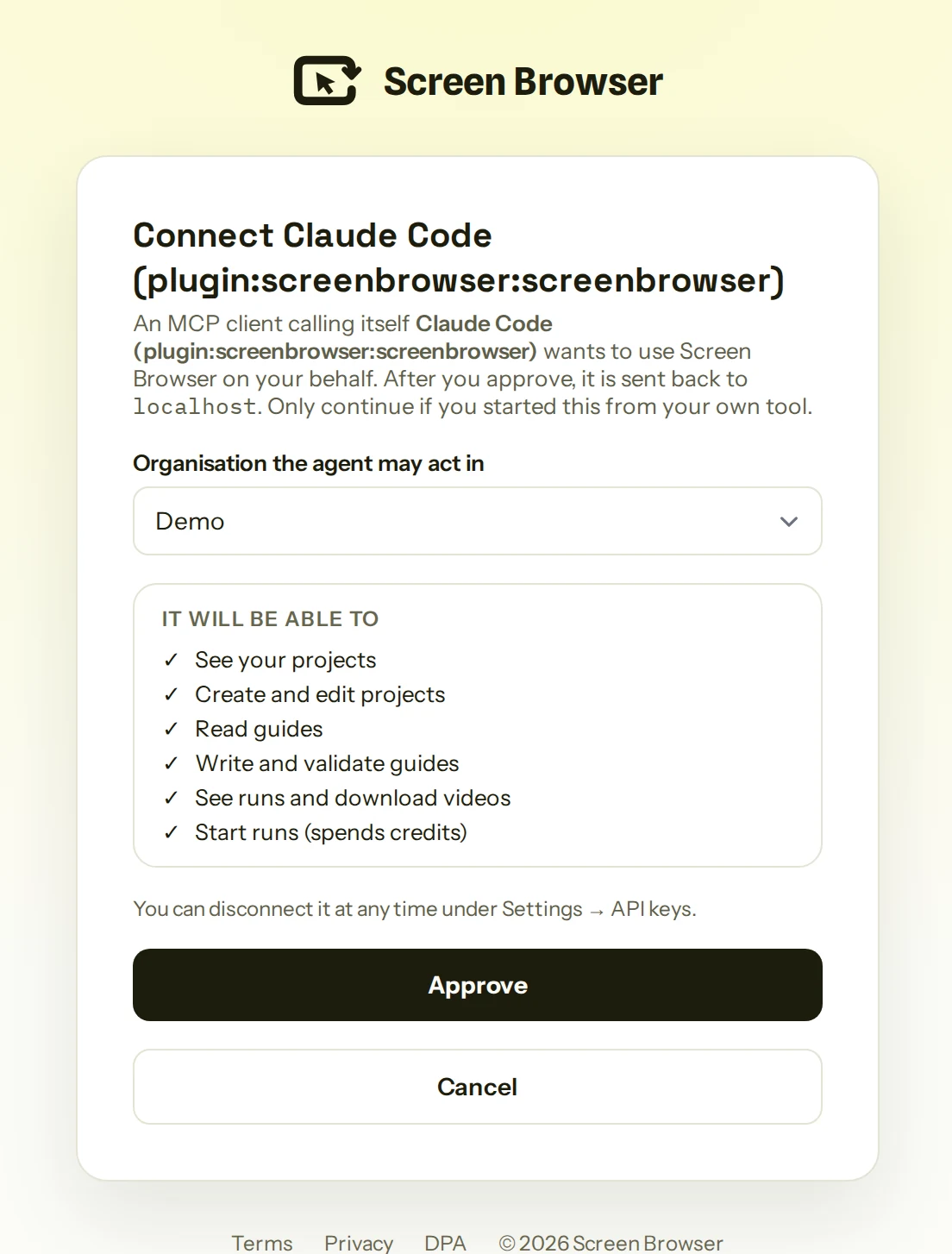 Screen Browser asks which organisation Claude Code may act in and lists what it will be able to do: see and edit projects, read and write guides, see runs and download videos, start runs.
