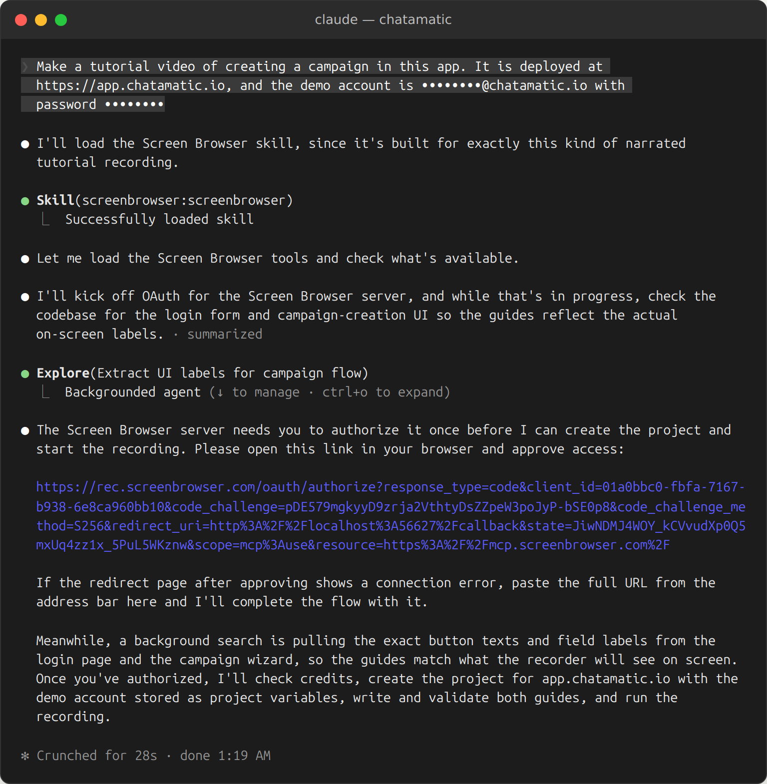 Claude Code, right after the request: it loads the Screen Browser skill, starts a background search of the codebase for the login form and the campaign screens, and asks the person to approve the connection to Screen Browser in the browser.