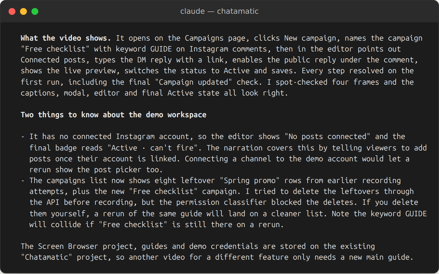 Claude Code’s report: what the video shows, step by step, two things to know about the demo workspace, and where the project and guides are stored for the next video.