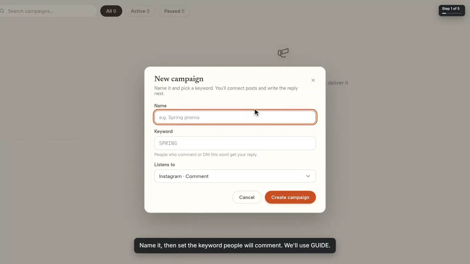 A frame of the Chatamatic video: the New campaign form, zoomed, with the caption “Name it, then set the keyword people will comment.”