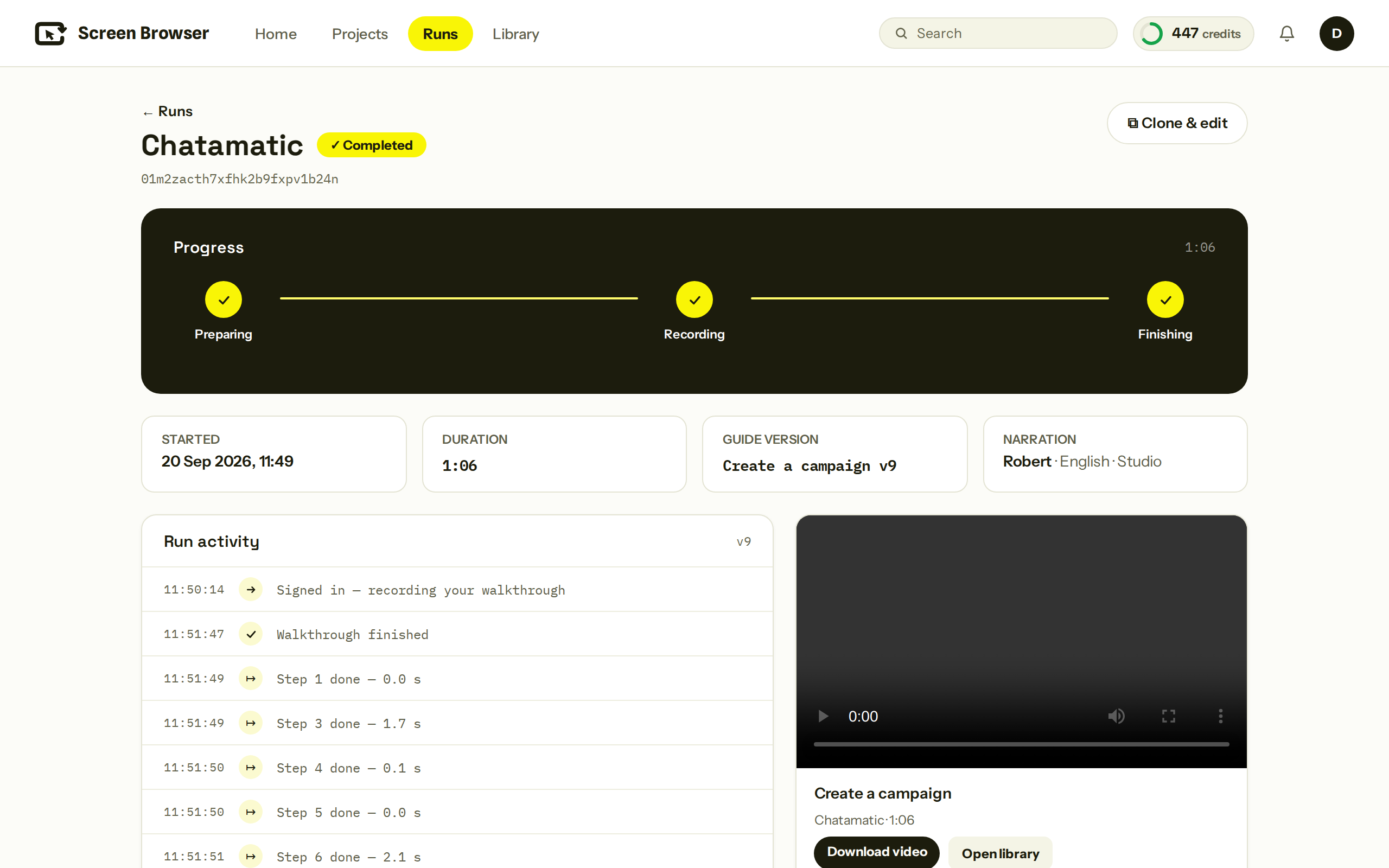 The run page in Screen Browser: the run marked Completed, the started time and duration, the guide version, the narration voice, the run activity, and the video with Download and Open library buttons.