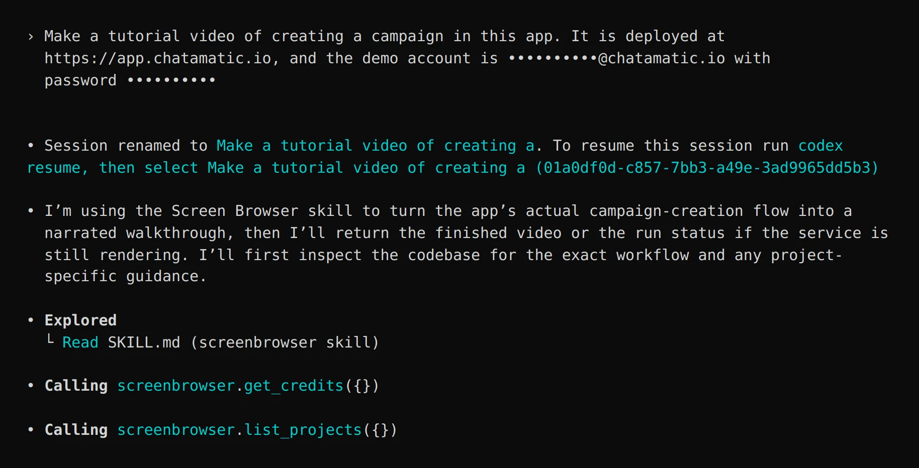 Codex, right after the request: it reads the Screen Browser skill, checks the credit balance and lists the existing projects before touching the code.