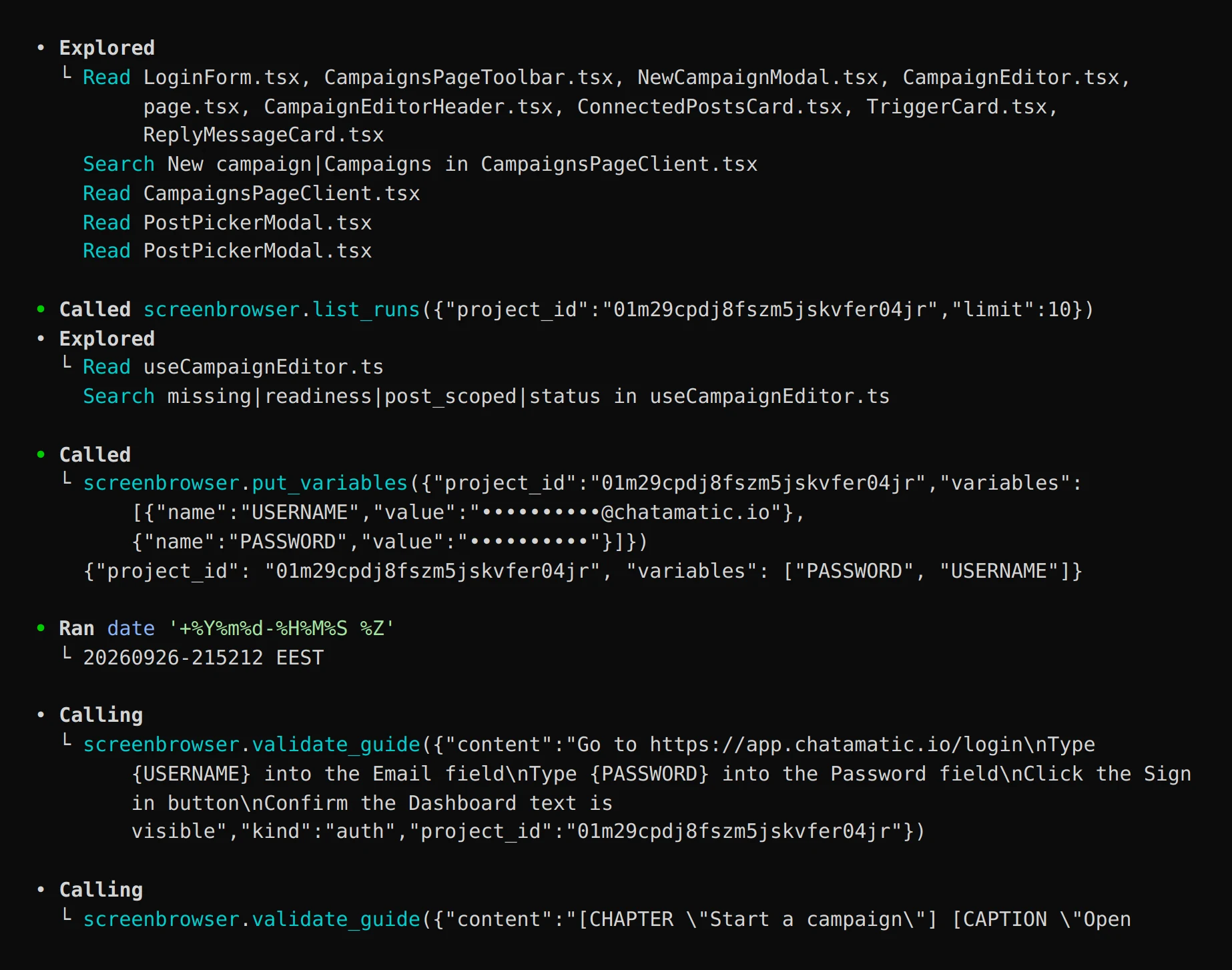 Codex's progress: it finds the existing Chatamatic project with the demo credentials already stored, reads the login form and the campaign components, looks at the project's earlier runs, then writes and validates both guides.