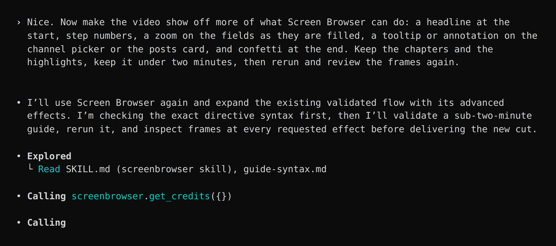 The request in Codex: a headline at the start, step numbers, a zoom on the fields as they are filled, a tooltip on the channel picker, confetti at the end; keep the chapters and highlights, keep it under two minutes, rerun and review the frames again. Codex answers with its plan and rewrites the guide.