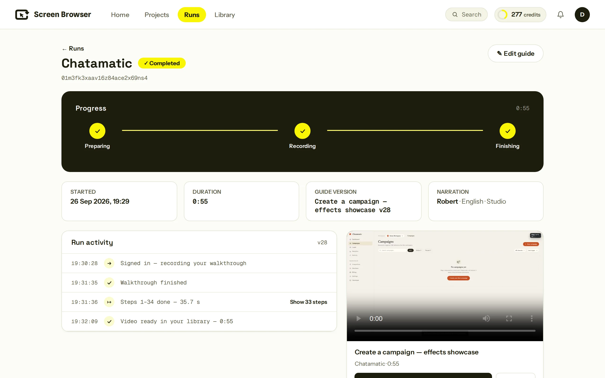 The run page in Screen Browser: the run marked Completed, the guide version, the narration voice, the run activity, and the video with Download and Open library buttons.