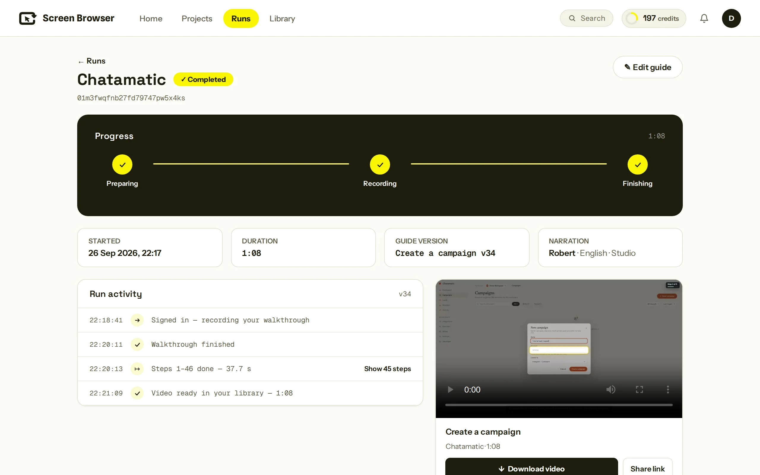 The run page in Screen Browser: the run marked Completed, the guide version, the narration voice, the run activity, and the video with Download and Open library buttons.