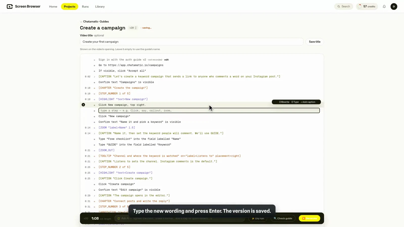 A frame of the video: the guide editor with one line being retyped, and the caption “Type the new wording and press Enter.”