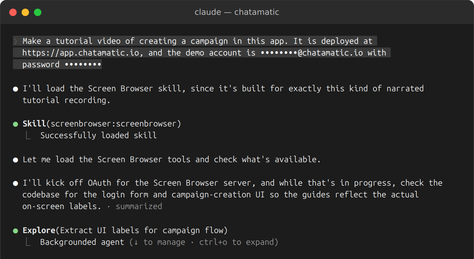 Claude Code right after the request “Make a tutorial video of creating a campaign in this app”: it loads the Screen Browser skill, starts a search of the codebase for the login form and the campaign screens, and asks for approval to connect to Screen Browser.