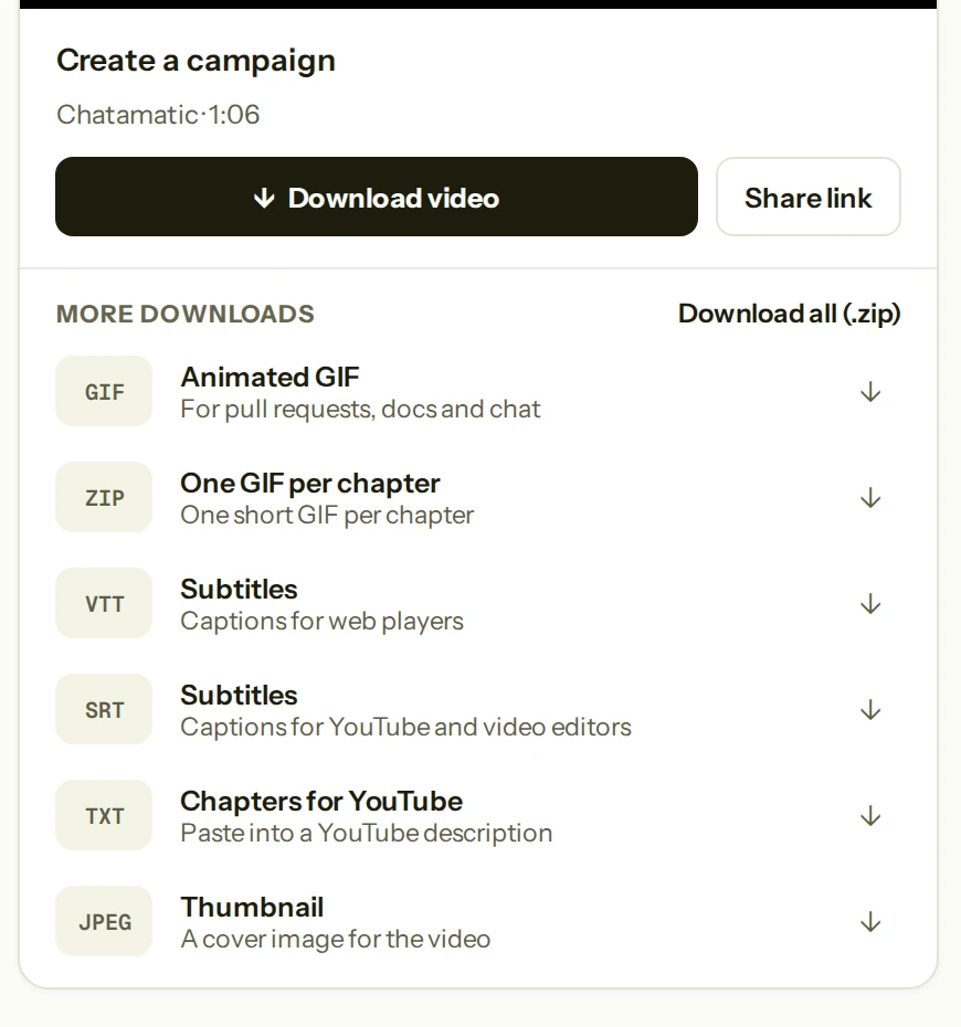The finished run’s panel: Download video and Share link, then More downloads: animated GIF, one GIF per chapter, subtitles as VTT and SRT, chapters for YouTube, and a thumbnail, with Download all as a zip.